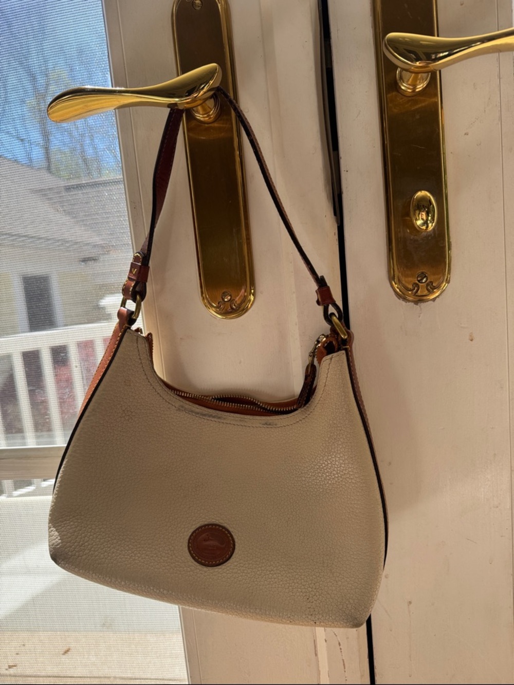Dooney & Bourke Cream Pebbled Leather Shoulder Hobo with Brown Trim